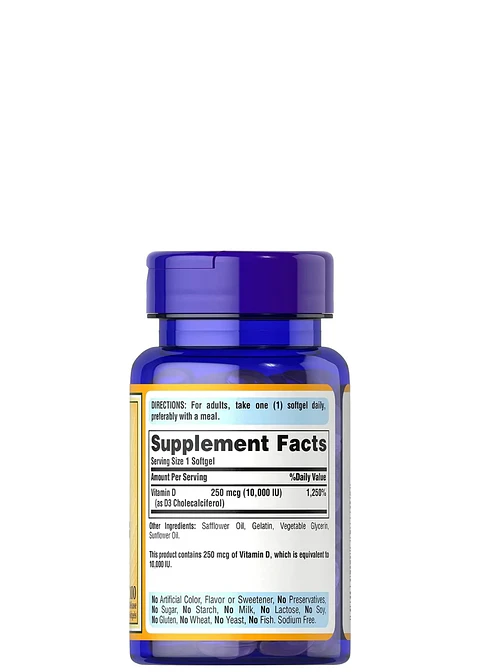Puritan’s Pride Vitamina D3 10.000 IU (250 mcg) x 100 Cápsulas | Absorción de Calcio, Sistema Inmune y Fuerza Muscular | Colombia
