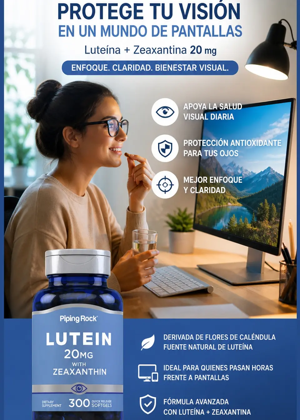 Luteína + Zeaxantina 20 mg Piping Rock x 300 Cápsulas Blandas | Protección Visual y Antioxidantes Naturales  | Colombia 2