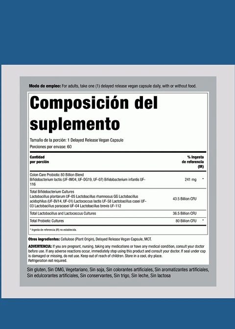 Piping Rock Probiótico Cuidado del Colon 80 Mil Millones UFC x 60 Cápsulas | Liberación Retardada | Salud Digestiva y Microbiota Intestinal  | Colombia