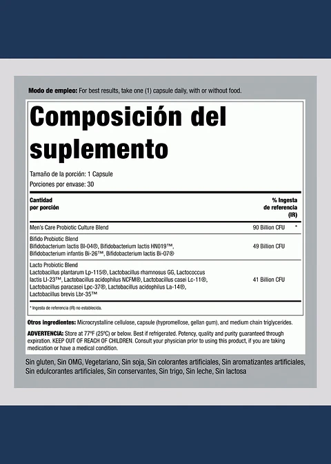 Piping Rock Probiótico Completo para Hombres 90 Mil Millones UFC x 30 Cápsulas | Liberación Retardada | Salud Digestiva y Microbiota Masculina | Colombia