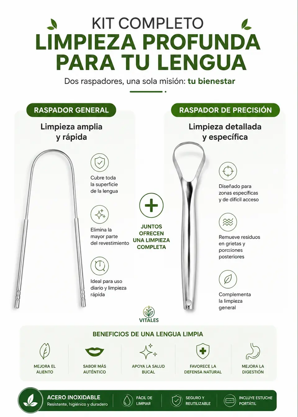 Kit Premium Limpiador de Lengua en Acero Inoxidable con Estuche Metálico | Raspador en “U” + Raspador de Precisión Tipo Cuchara | Higiene Oral Profunda y Aliento Fresco 3