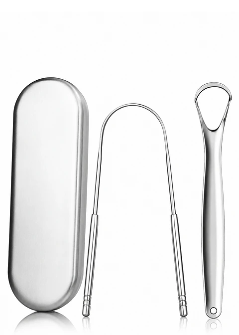 Kit Premium Limpiador de Lengua en Acero Inoxidable con Estuche Metálico | Raspador en “U” + Raspador de Precisión Tipo Cuchara | Higiene Oral Profunda y Aliento Fresco