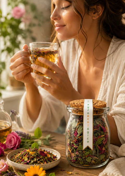 Aromática Natural Agroecológica Florecer 15g en Vidrio | Infusión Herbal Orgánica con Rosas, Lavanda, Cidrón y Toronjil | Ritual de Calma y Bienestar Emocional