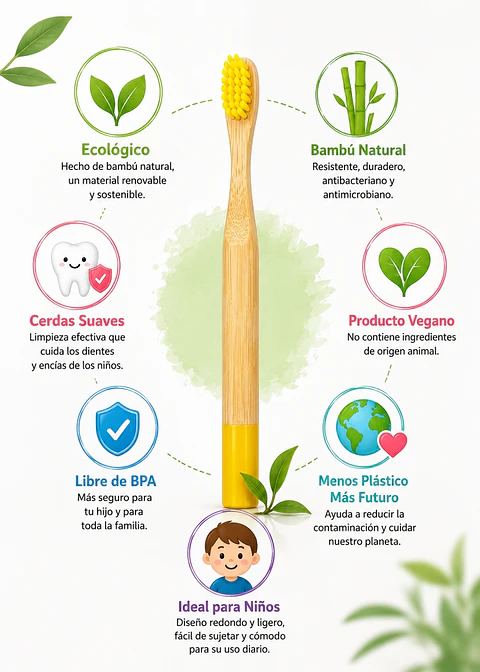 Cepillo de Dientes para Niños de Bambú con Cerdas Suaves Sin BPA | Ecológico, Vegano y Biodegradable