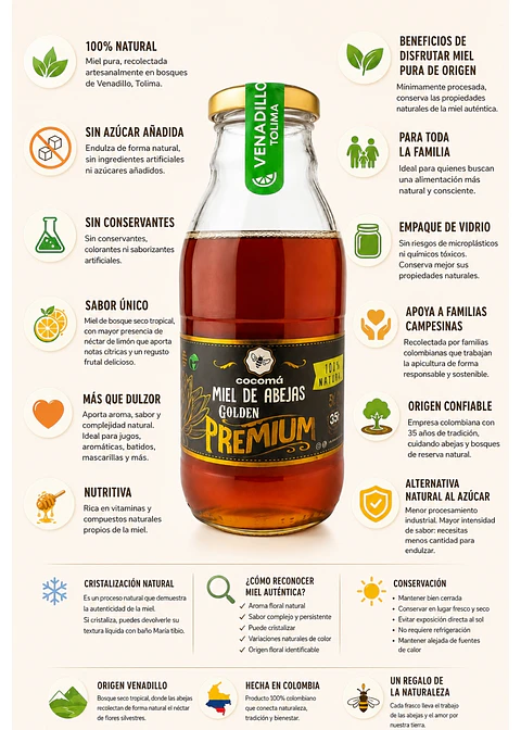 Miel de Origen Venadillo 500g en Vidrio | Miel Pura Colombiana de Bosque Seco Tropical | 100% Natural