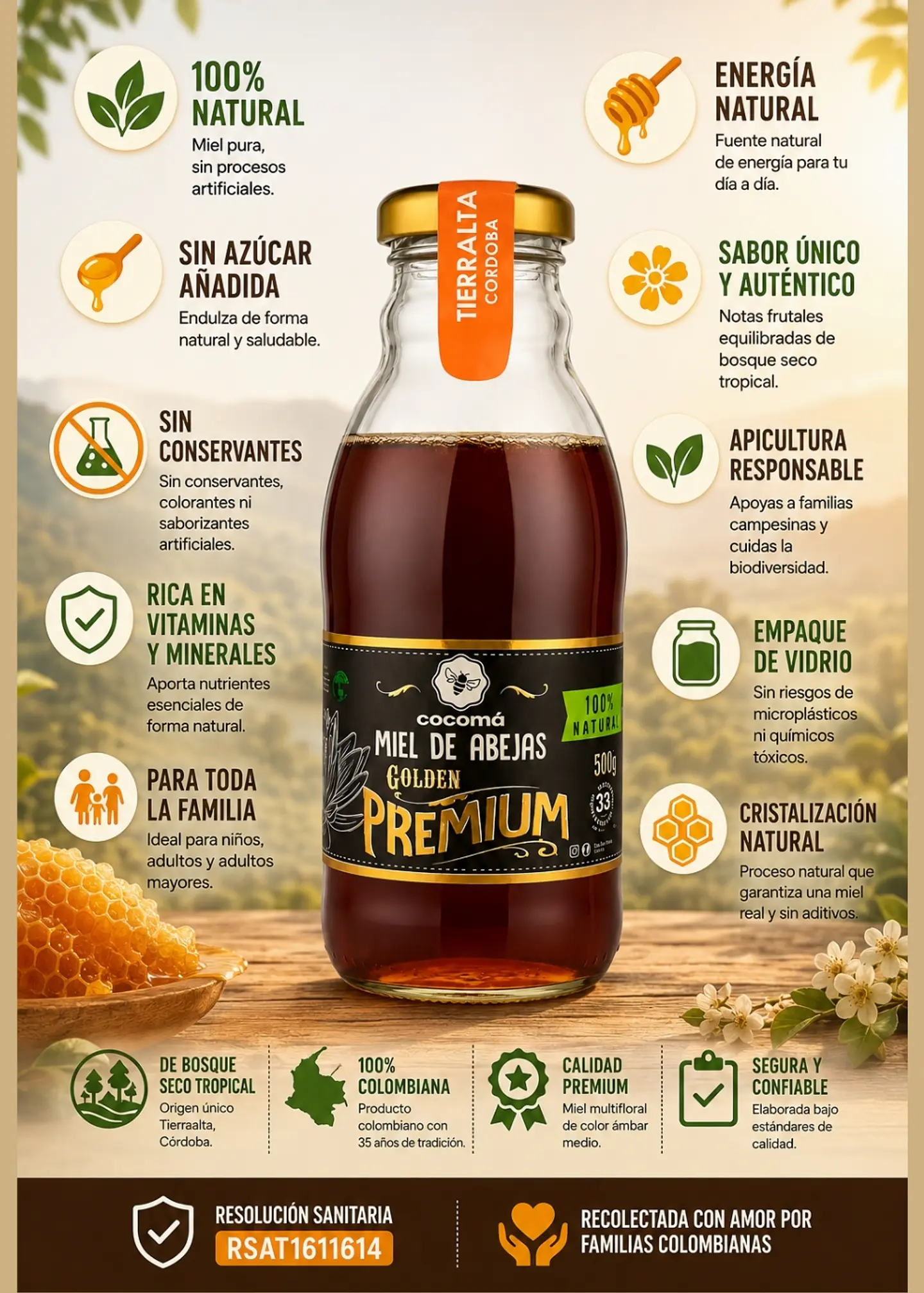 Miel de Origen Tierralta Córdoba 500g en Vidrio | Miel Pura Colombiana de Bosque Seco Tropical | 100% Natural 2