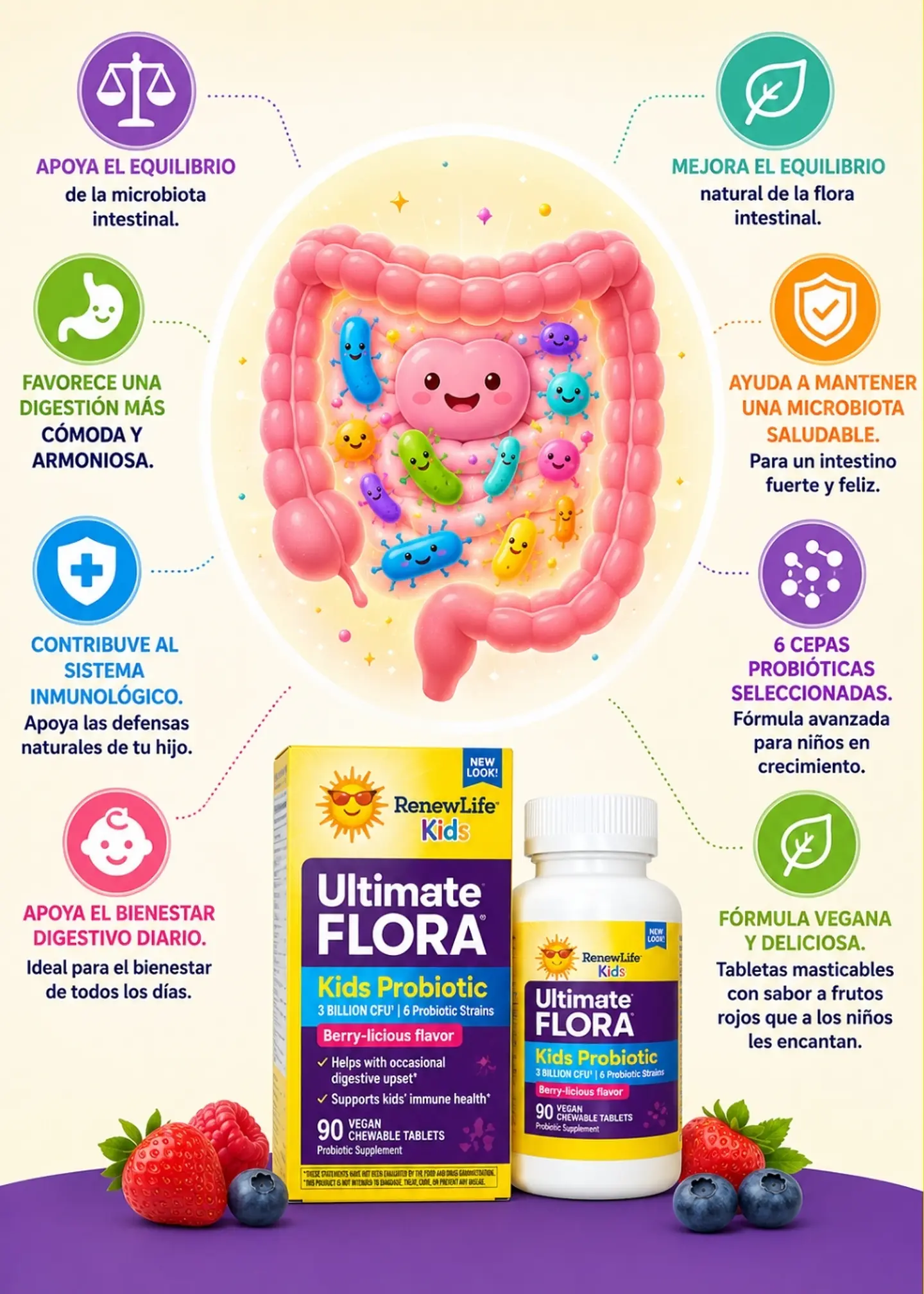 Renew Life Kids Ultimate Flora® Probióticos Infantiles 3 Mil Millones UFC | 6 Cepas Probióticas | 90 Tabletas Masticables Veganas | Colombia 2