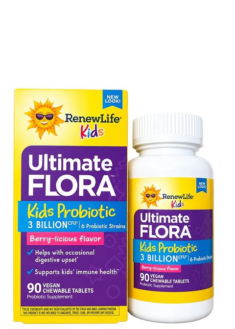 Renew Life Kids Ultimate Flora® Probióticos Infantiles 3 Mil Millones UFC | 6 Cepas Probióticas | 90 Tabletas Masticables Veganas | Colombia