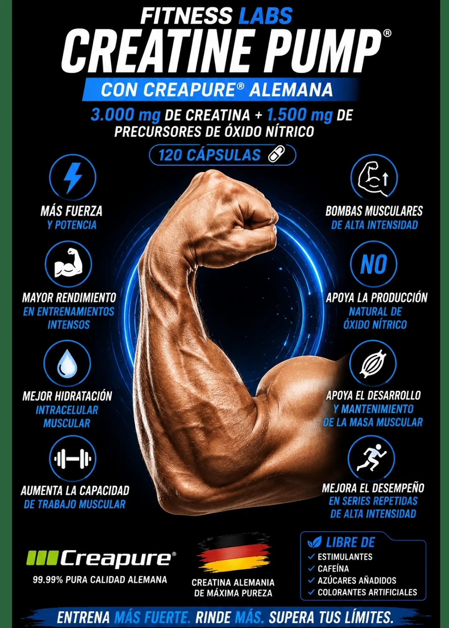 Fitness Labs Creatine Pump® con Creapure® Alemana | 3.000 mg de Creatina + 1.500 mg de Precursores de Óxido Nítrico | 120 Cápsulas | Colombia 2