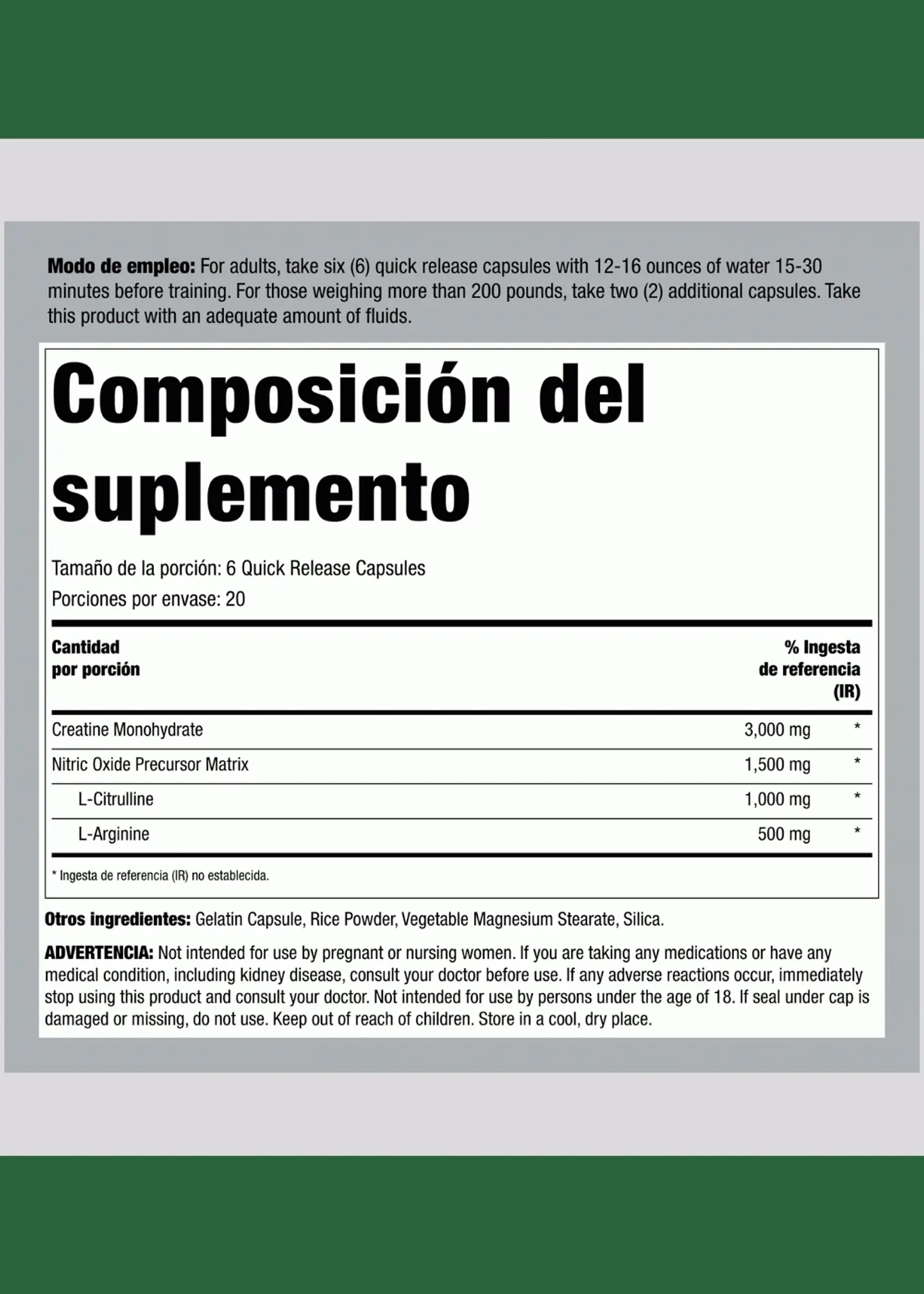 Fitness Labs Creatine Pump® con Creapure® Alemana | 3.000 mg de Creatina + 1.500 mg de Precursores de Óxido Nítrico | 120 Cápsulas | Colombia 3