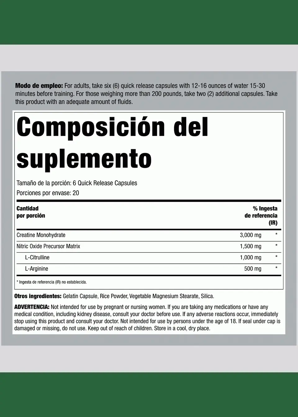 Fitness Labs Creatine Pump® con Creapure® Alemana | 3.000 mg de Creatina + 1.500 mg de Precursores de Óxido Nítrico | 120 Cápsulas | Colombia 3