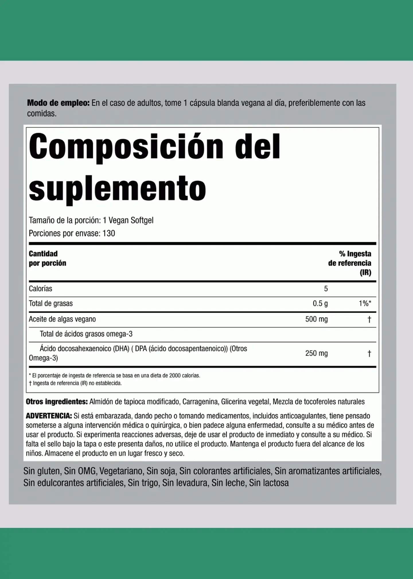 Omega 3 Vegano de Algas Piping Rock® 500 mg | 130 Cápsulas Veganas | DHA y DPA de Origen Vegetal | Sin Olor a Pescado | Colombia  3