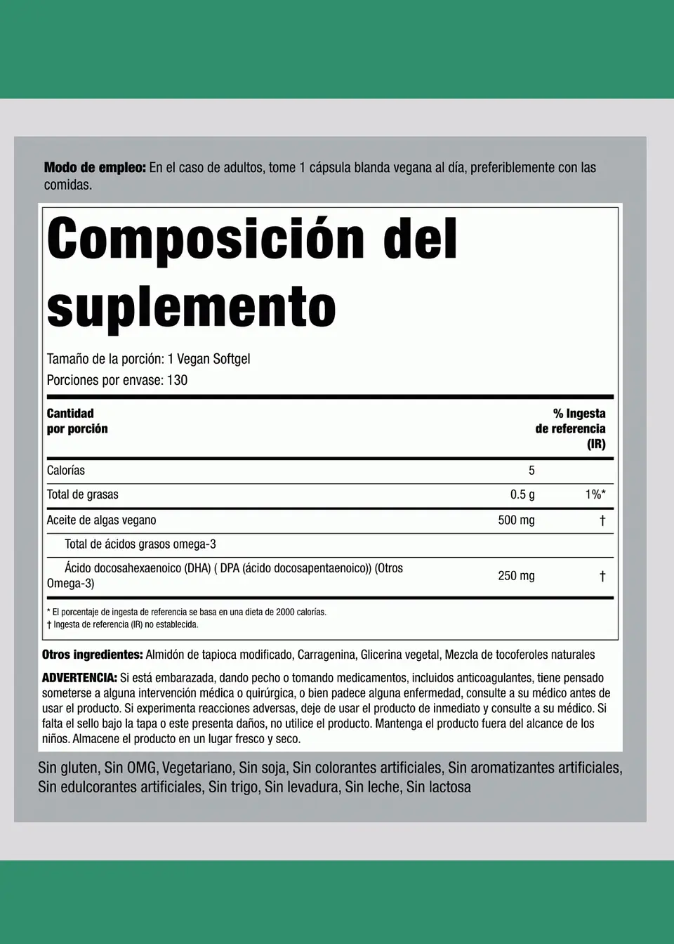 Omega 3 Vegano de Algas Piping Rock® 500 mg | 130 Cápsulas Veganas | DHA y DPA de Origen Vegetal | Sin Olor a Pescado | Colombia  3