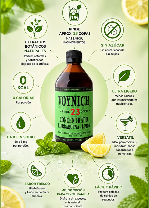 Concentrado de Extractos Botánicos Hierbabuena & Limón 510 ml | Sin Azúcar | Rinde 23 Copas | Inspiración Mojito Premium | Extractos Botánicos Naturales