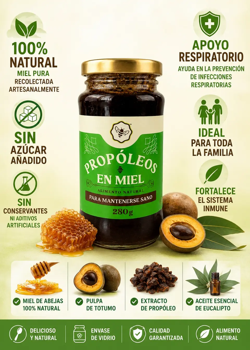 Propóleo en Miel 280 g | Miel 100% Natural | Con Totumo, Propóleo y Eucalipto | Apoyo Respiratorio y Bienestar Familiar 2
