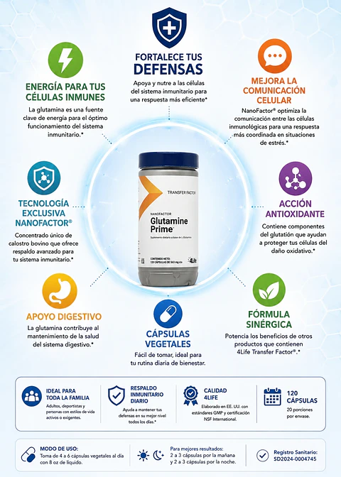 NanoFactor Glutamine Prime™ 120 Cápsulas Vegetales | Glutamina + NanoFactor® | Energía para las Células del Sistema Inmunitario | Apoyo Inmunológico, Antioxidante y Digestivo | Colombia 