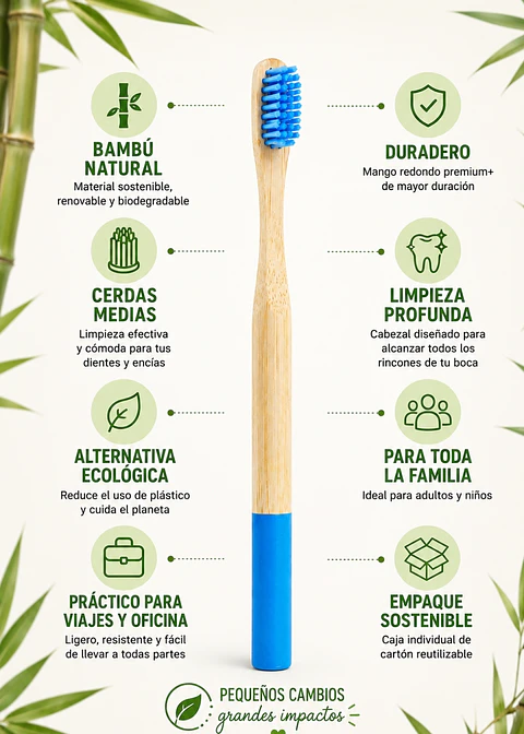 Cepillo de Dientes Redondo de Bambú Premium+ | Cerdas Medias | Alternativa Ecológica al Plástico para Adultos y Adolecentes