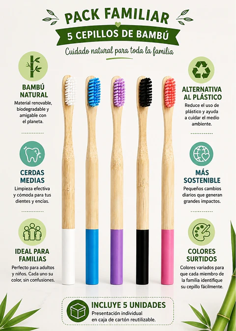 Pack Familiar 5 Cepillos de Dientes Redondos de Bambú Premium+ | Cerdas Medias | Alternativa Ecológica al Plástico para Toda la Familia