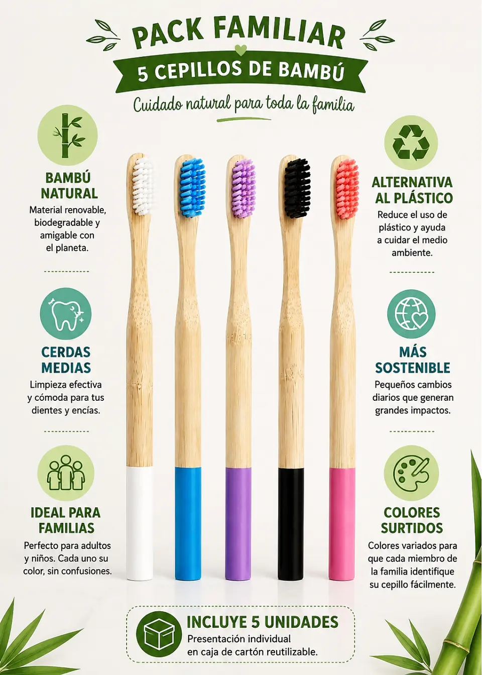 Pack Familiar 5 Cepillos de Dientes Redondos de Bambú Premium+ | Cerdas Medias | Alternativa Ecológica al Plástico para Toda la Familia 2