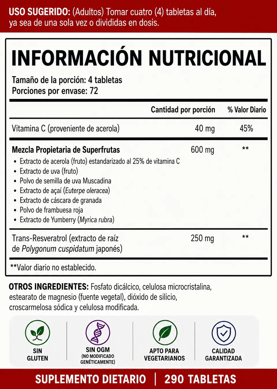 Youtheory Resveratrol con Acerola | 250 mg de Trans-Resveratrol + Superfrutas Antioxidantes | Apoyo al Envejecimiento Saludable | 290 Tabletas 4