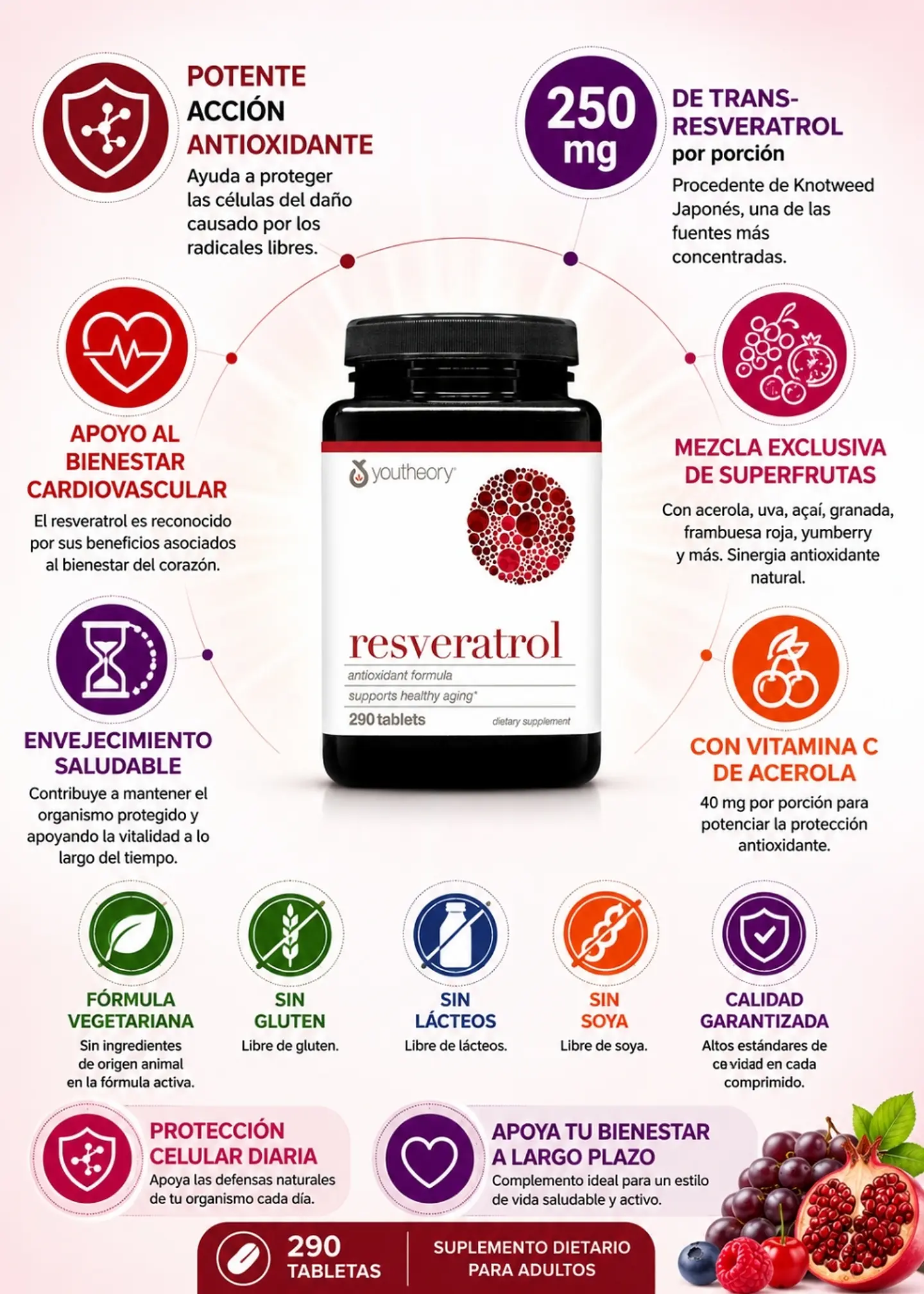 Youtheory Resveratrol con Acerola | 250 mg de Trans-Resveratrol + Superfrutas Antioxidantes | Apoyo al Envejecimiento Saludable | 290 Tabletas 2