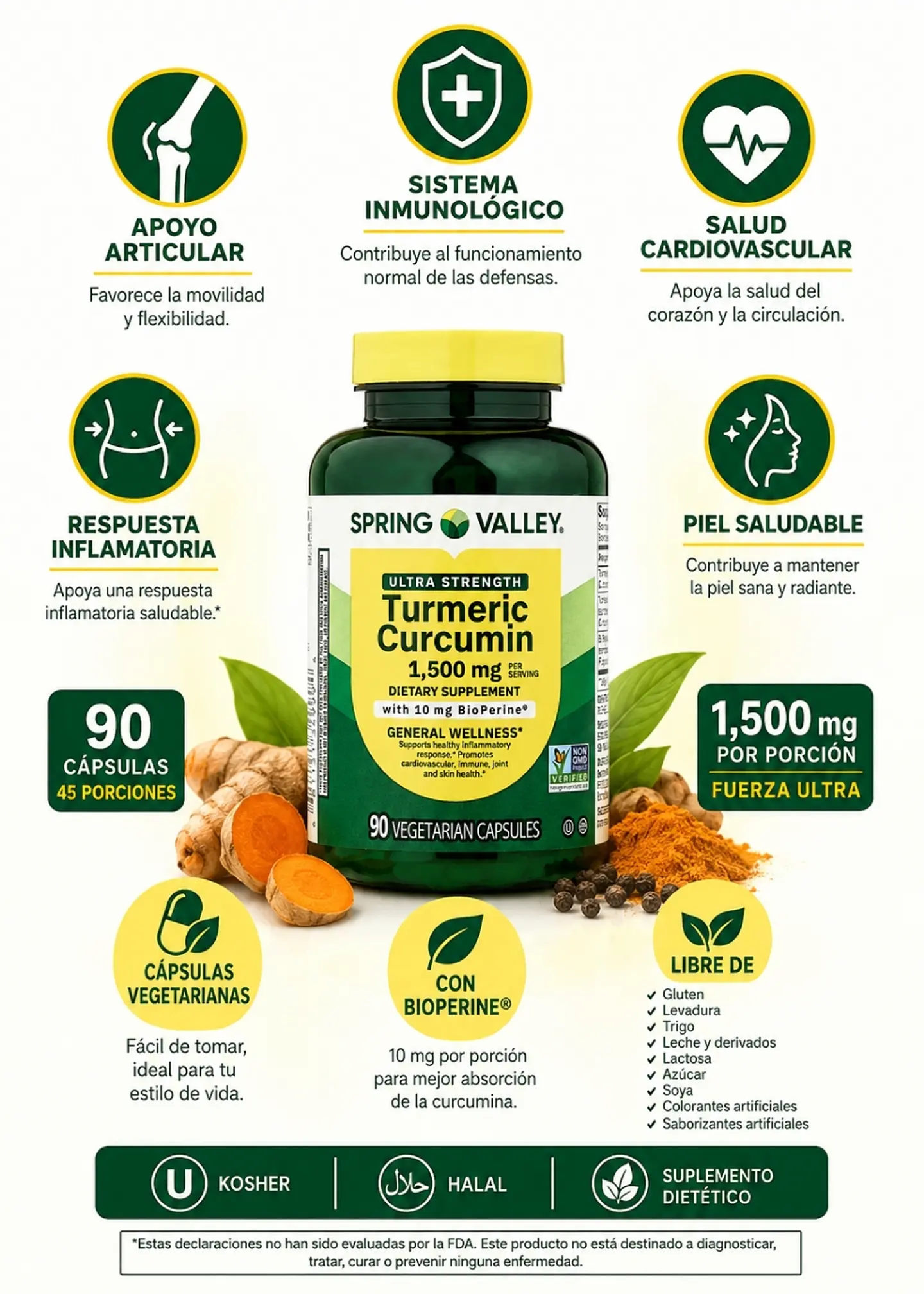 Spring Valley Cúrcuma y Curcumina Ultra Strength 1500 mg | 90 Cápsulas Vegetarianas con BioPerine® | Apoyo Articular, Inflamatorio, Cardiovascular e Inmunológico | Colombia 2