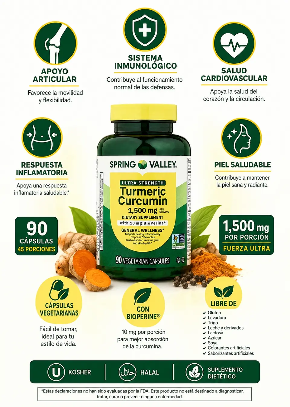 Spring Valley Cúrcuma y Curcumina Ultra Strength 1500 mg | 90 Cápsulas Vegetarianas con BioPerine® | Apoyo Articular, Inflamatorio, Cardiovascular e Inmunológico | Colombia 2