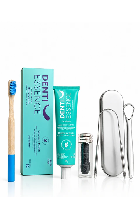 Kit Completo de Higiene Oral Natural Premium | Crema Dental Sin Flúor + Cepillo de Bambú + Seda Dental de Bambú + Limpiador de Lengua en Acero Inoxidable | Limpieza Profunda y Aliento Fresco