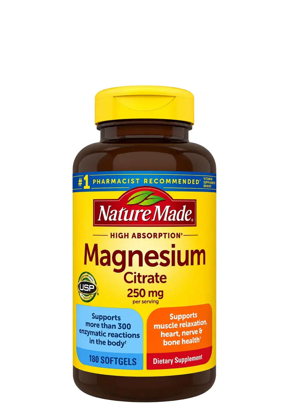 Nature Made Magnesio Citrato 250 mg Alta Absorción x 180 Softgels | Relajación Muscular, Sistema Nervioso, Corazón, Huesos y Dientes | USP Verified | Importado de EE. UU. 1