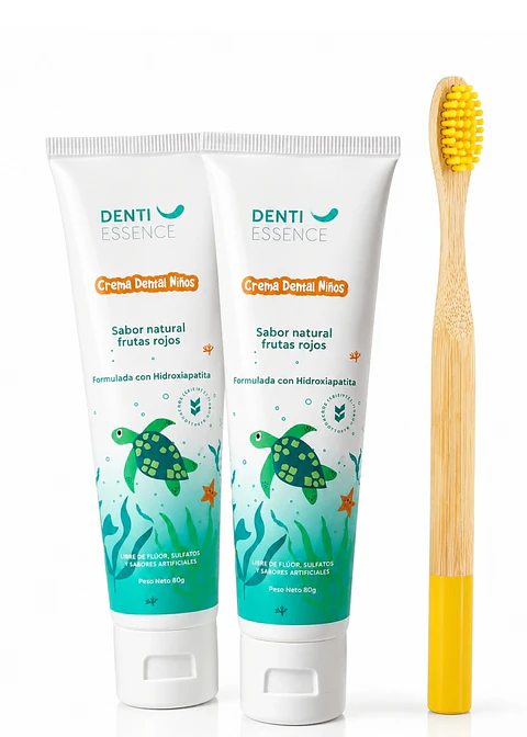 Kit Sonrisa Natural Kids | 2 Cremas Dentales Naturales para Niños + 1 Cepillo de Bambú Infantil de Cerdas Suaves | Sin Flúor, Sin Sulfatos y Sin Sabores Artificiales | Cuidado Oral Natural para Toda l