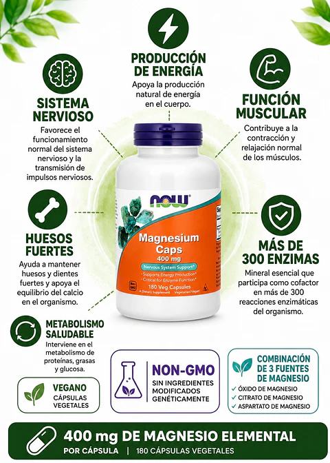 NOW Foods Magnesio 400 mg x 180 Cápsulas Vegetales | Óxido + Citrato + Aspartato de Magnesio | Energía, Sistema Nervioso, Músculos y Huesos | Vegano | Non-GMO | Importado de EE. UU. | Colombia 