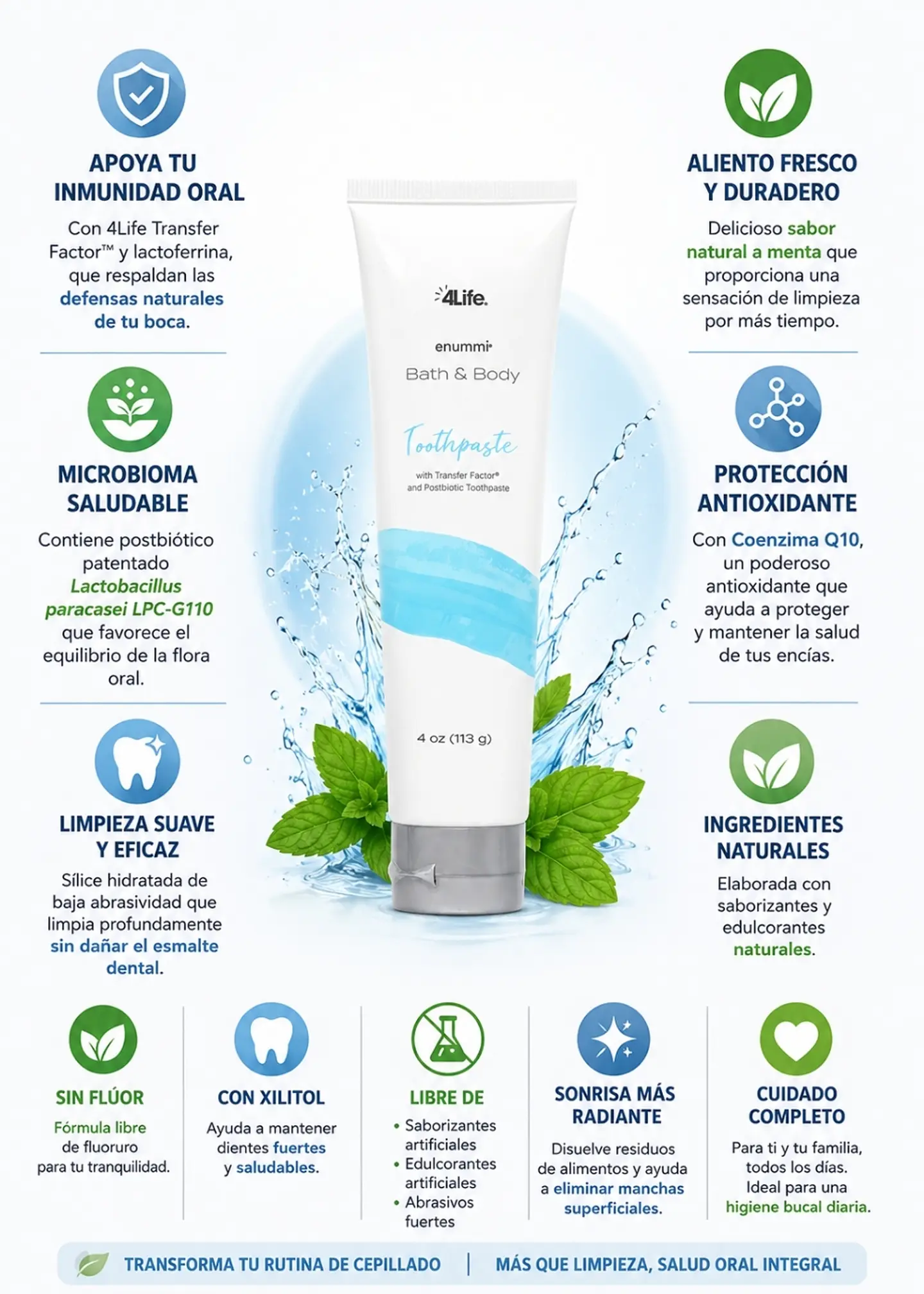 enummi® Toothpaste 4Life 113 g | Pasta Dental Sin Flúor con 4Life Transfer Factor™, Postbióticos, Lactoferrina y Coenzima Q10 | Protección Avanzada para tu Microbioma e Inmunidad Oral 2