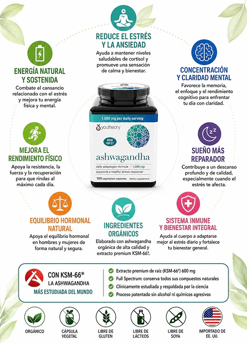 Ashwagandha Youtheory KSM-66® 1000 mg x 180 Cápsulas | Manejo del Estrés, Ansiedad, Energía,  Concentración  y Bienestar Integral | Orgánica | Importada de EE. UU. | Colombia