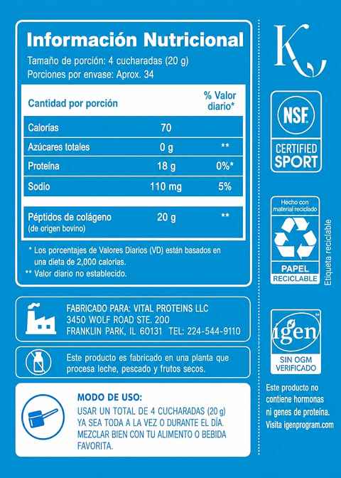 Vital Proteins Péptidos de Colágeno 680g | Colágeno Hidrolizado Bovino Grass-Fed | 20g por Porción | Piel, Cabello, Uñas, Articulaciones y Huesos | NSF Certified Sport | Colombia