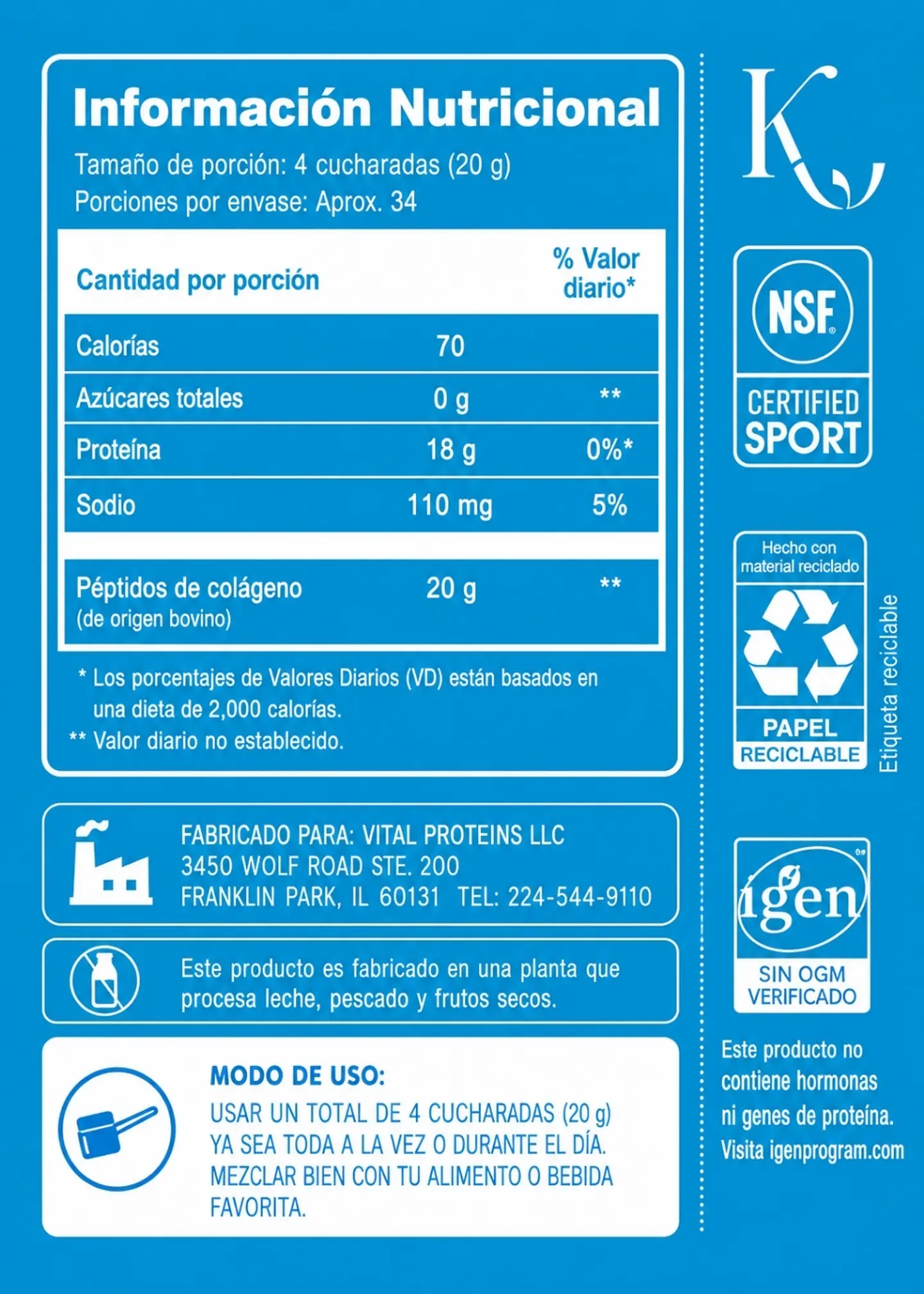 Vital Proteins Péptidos de Colágeno 680g | Colágeno Hidrolizado Bovino Grass-Fed | 20g por Porción | Piel, Cabello, Uñas, Articulaciones y Huesos | NSF Certified Sport | Colombia 2