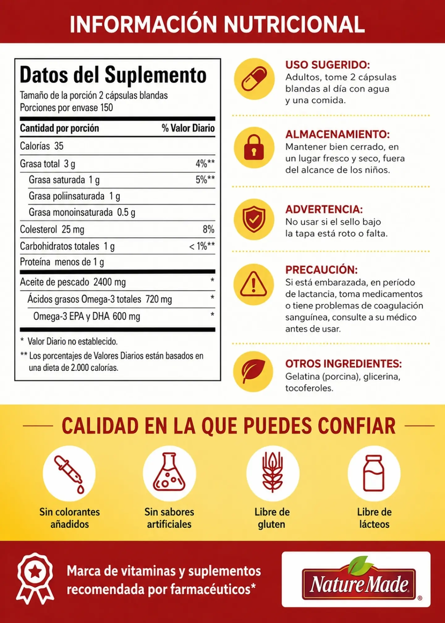 Nature Made Fish Oil 2400 mg x 300 Cápsulas Blandas | Omega-3 EPA + DHA para Corazón, Cerebro, Ojos  y Bienestar General | Purificado de Mercurio | Importado de EE. UU| Colombia 3