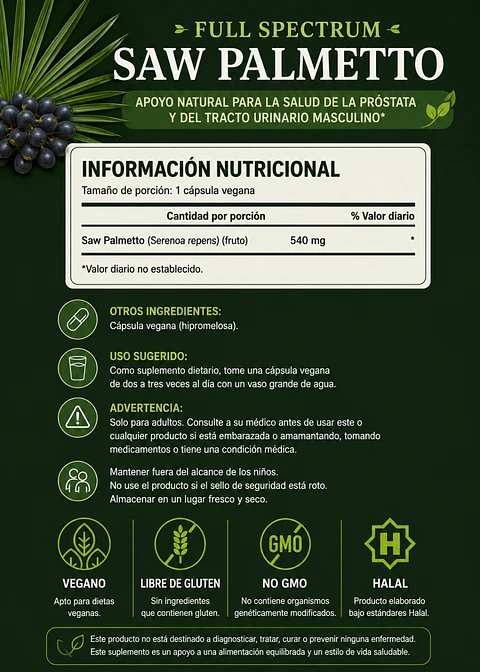 Swanson Saw Palmetto 540 mg | 250 Cápsulas | Apoyo Natural para la Próstata, Salud Urinaria y Bienestar Masculino | Serenoa repens | Importado de EE. UU.| Colombia