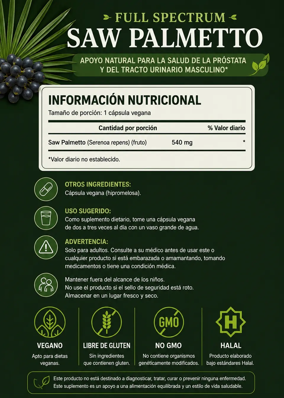 Swanson Saw Palmetto 540 mg | 250 Cápsulas | Apoyo Natural para la Próstata, Salud Urinaria y Bienestar Masculino | Serenoa repens | Importado de EE. UU.| Colombia 2