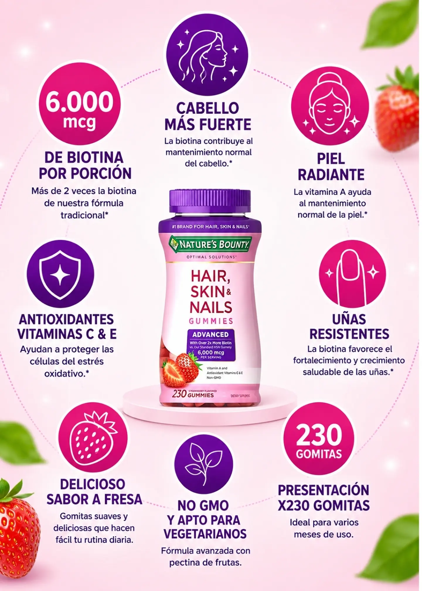 Nature’s Bounty Hair, Skin & Nails Advanced Gummies x230 | 6.000 mcg de Biotina | Vitaminas A, C y E | Cabello Más Fuerte, Piel Radiante y Uñas Resistentes | Gomitas de Fresa | Importadas  |  Colombia 2