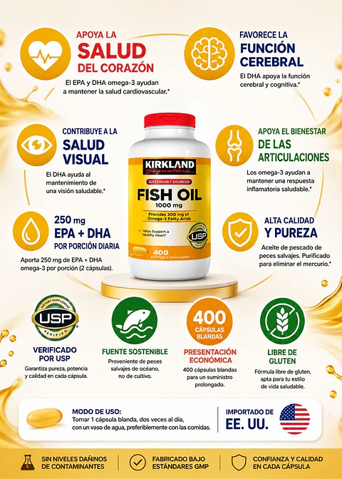 Omega-3 Kirkland Signature 1000 mg | 400 Cápsulas Blandas | 250 mg de EPA + DHA | Corazón, Cerebro, Ojos y Articulaciones | Purificado y Verificado USP | Importado de EE. UU. | Colombia