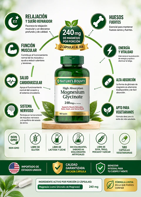 Nature’s Bounty Glicinato de Magnesio 240 mg | 180 Cápsulas Vegetarianas | Alta Absorción | Relajación Muscular, Sueño, Corazón, Huesos y Sistema Nervioso | Importado de EE. UU. | Colombia