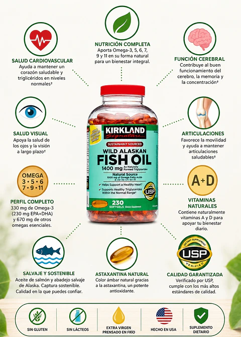Kirkland Signature Omega-3, 5, 6, 7, 9 y 11 Wild Alaskan 1400 mg | 230 Cápsulas Blandas | Aceite de Salmón y Abadejo Salvaje de Alaska | EPA + DHA | Corazón, Cerebro, Ojos y Articulaciones| Colombia