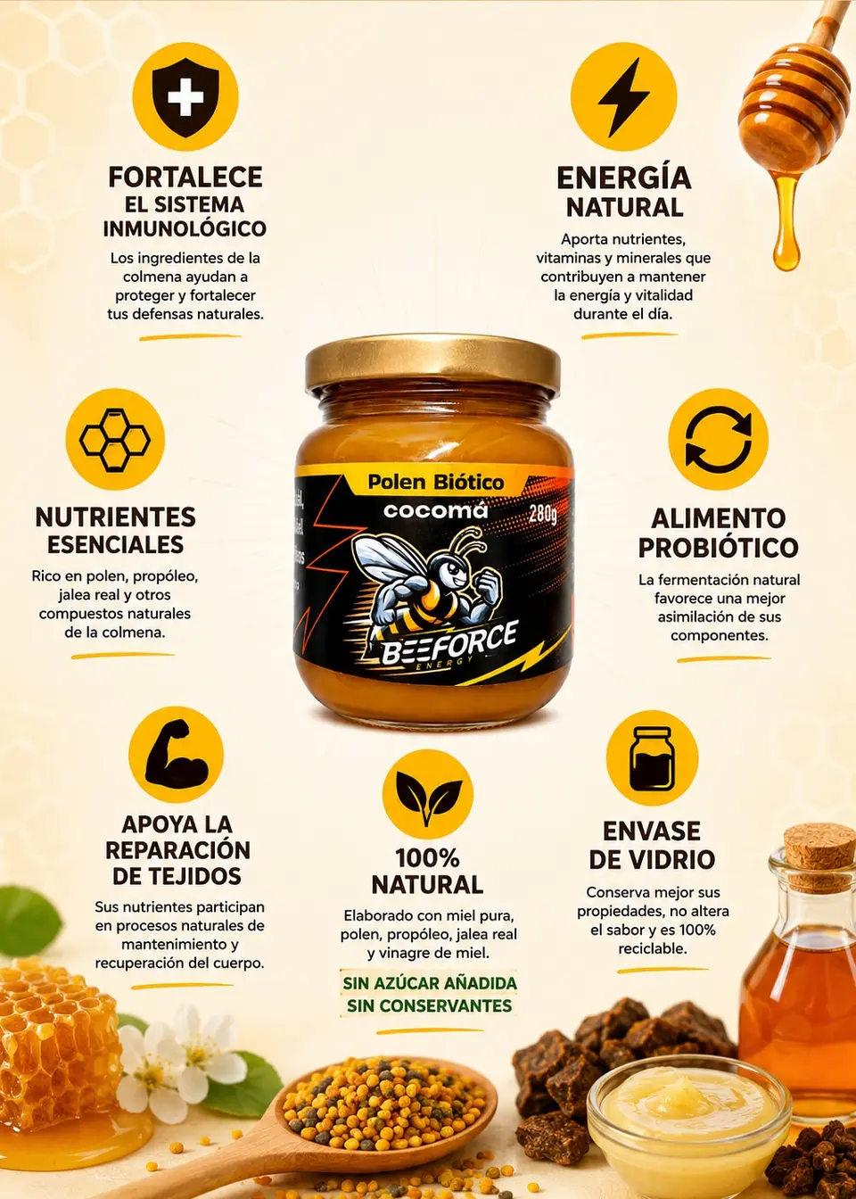 Polen Biótico BEEFORCE Energy 280 g | Con Miel 100% Natural, Polen, Propóleo, Jalea Real y Vinagre de Miel | Energía Natural, Sistema Inmunológico  | Sin Azúcar Añadida | Sin Conservantes 2
