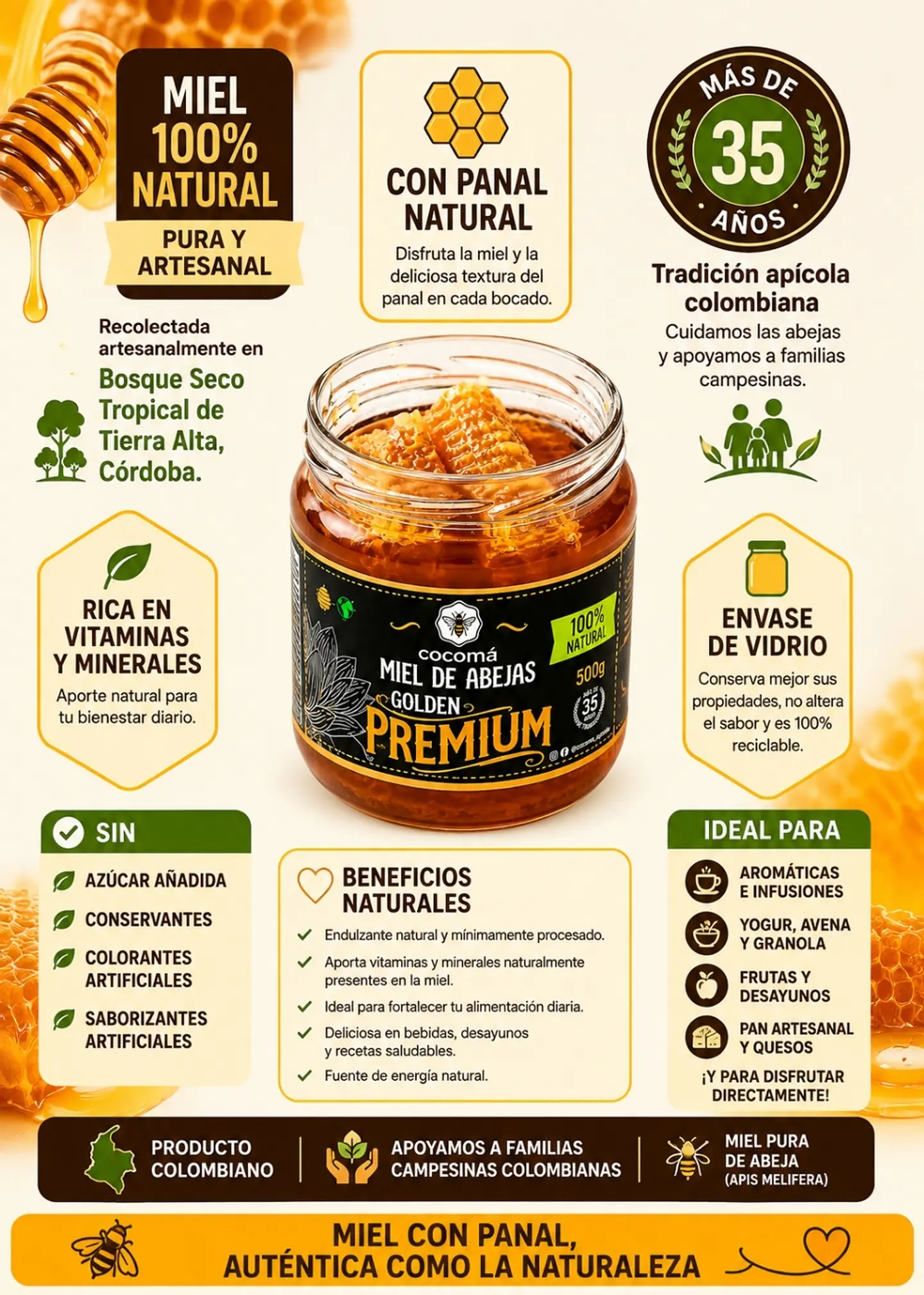 Miel con Panal Origen Tierra Alta Córdoba 500 g | Miel Pura 100% Natural | Bosque Seco Tropical | Con Panal Natural | Recolectada Artesanalmente | Sin Azúcar Añadida | Envase de Vidrio 2