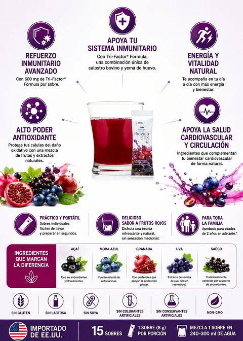 4Life RioVida STIX™ Tri-Factor® Formula x 15 Sobres | Açaí, Granada, Mora Azul, Uva y Antioxidantes | Bienestar y Sistema Inmunitario | Importado EE.UU. | Colombia