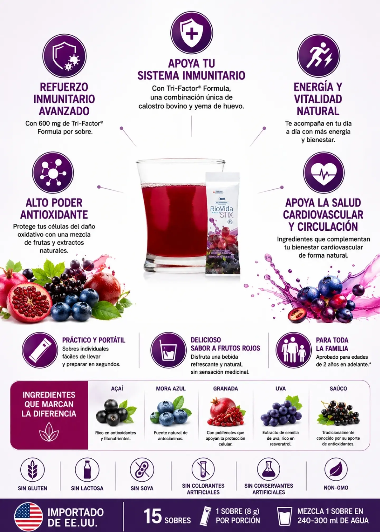 4Life RioVida STIX™ Tri-Factor® Formula x 15 Sobres | Açaí, Granada, Mora Azul, Uva y Antioxidantes | Bienestar y Sistema Inmunitario | Importado EE.UU. | Colombia 2