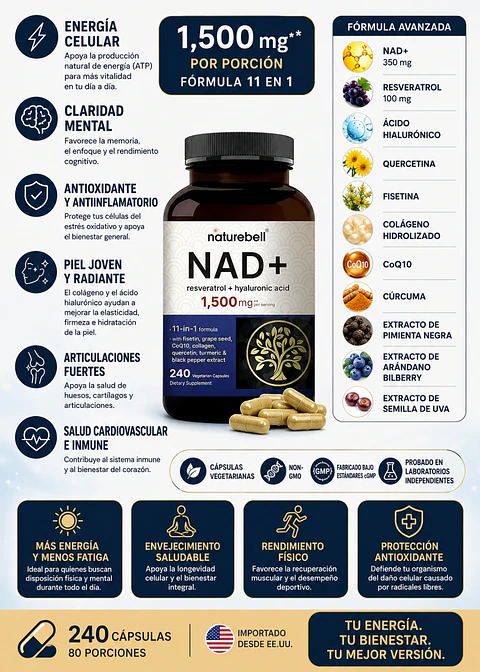 NatureBell NAD+ 1500 mg x 240 Cápsulas | NAD, Resveratrol, CoQ10, Quercetina, Fisetina, Colágeno, Ácido Hialurónico y Cúrcuma | Energía Celular y Antioxidantes| Importado EE.UU.| Colombia