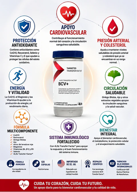4Life BCV+ 120 Cápsulas | CoQ10, Resveratrol, Ginkgo Biloba, Ajo, Magnesio y Transfer Factor® | Apoyo Cardiovascular y Antioxidante | Importado EE.UU. | Colombia