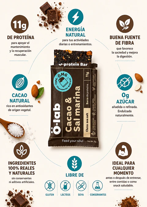 Barra de Proteína Cacao y Sal Marina 50 g | 10 g de Proteína, Fibra y 0 g de Azúcares Refinados Añadidos | Snack Natural