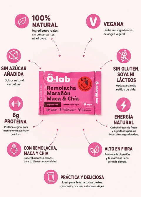 Barra de Energía Vegana Remolacha, Marañón, Maca y Chía 52g | Superfoods, 6 g Proteína, Sin Azúcar Añadida y Sin Gluten